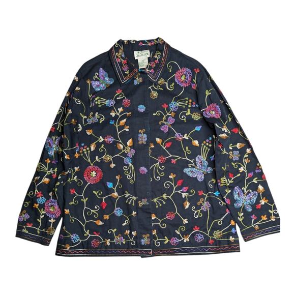 Vtg Y2K Quacker Factory Black Floral Butterfly Embroidered Bead Cotton Jacket M - Picture 1 of 5